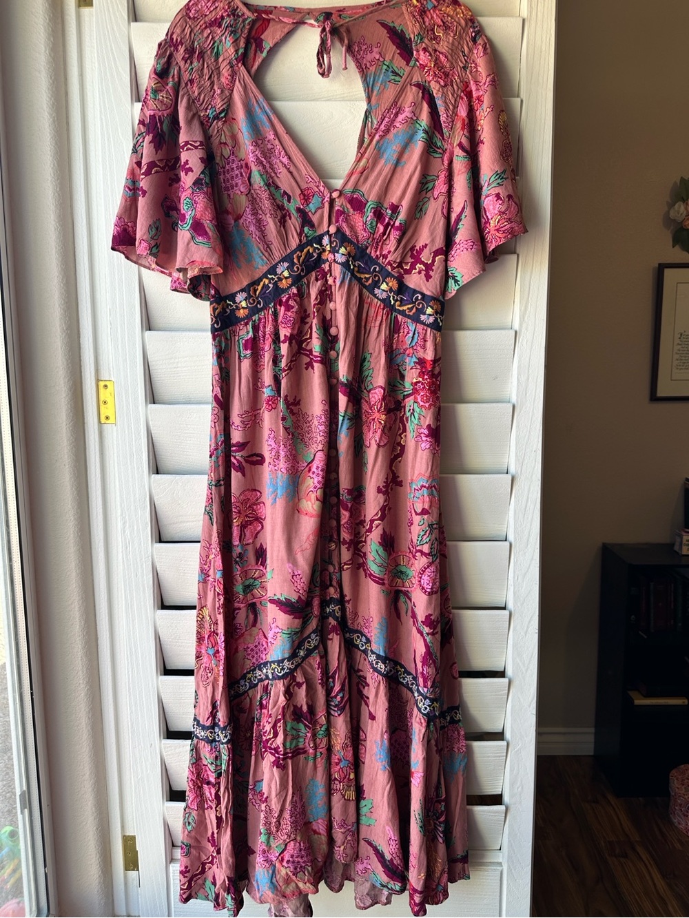 Anthropologie Floral Button Smocked Open Back Embroidered Maxi Dress